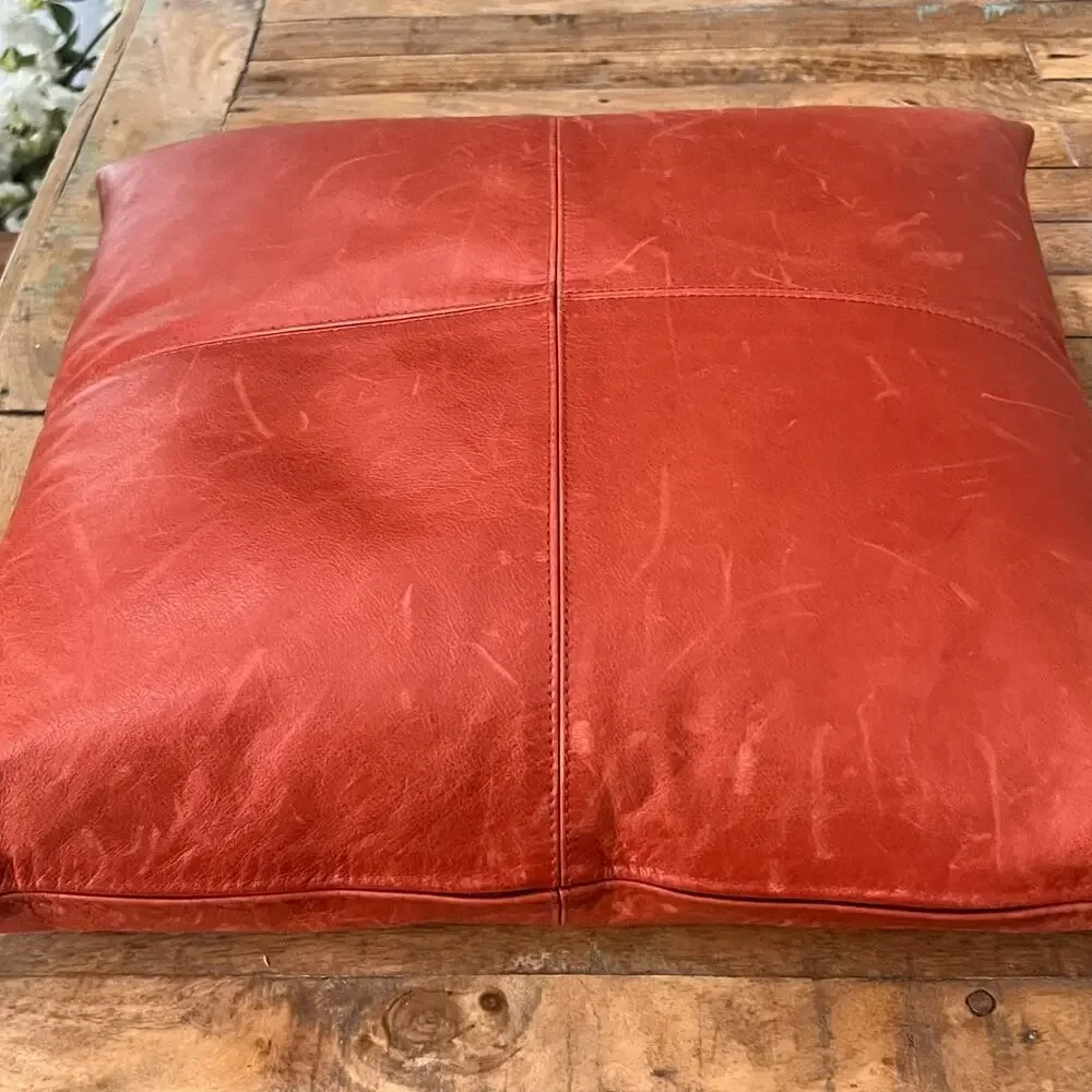 Pottery Barn Throw Pillow 17 x 17in 100% Genuine Leather Burnt Orange Color